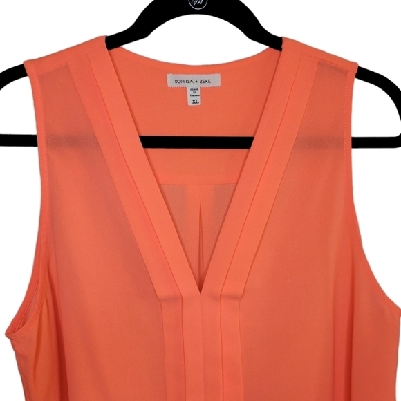 Sophia & Zeke Bright Coral V-Neck Pleated Lightweight Pullover Blouse Women's XL - Picture 2 of 6